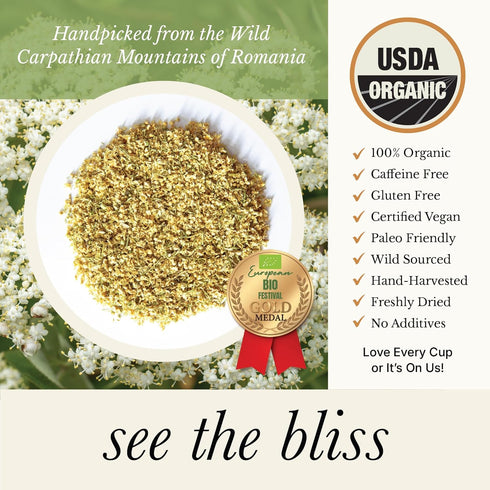 Immune 5.29 60 Wild Bliss Organic Elderflower Tea and Respiratory Support - Caffeine Free Loose Leaf Elder Flowers