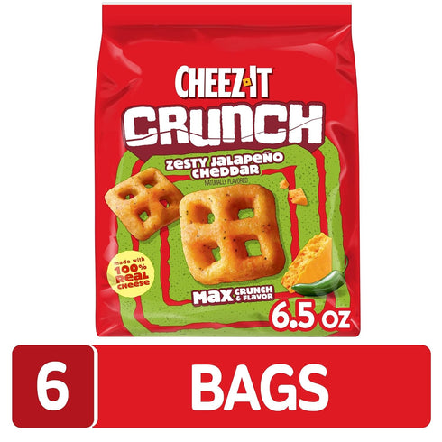 (6 Cheez-It Crunch Cheesy Baked Snacks, Lunch Snacks, Zesty Jalapeno Cheddar Bags)