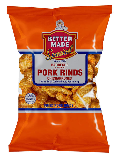 8-Pack 2.5oz 1g 1930 Better Made BBQ Flavored Pork Rinds Chicharrones - - Bags - Carbs - Keto Friendly (BBQ) - Flavored