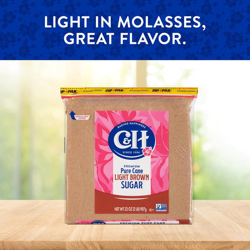2 lb (2-Pack) C&H Light Brown Sugar, Zipper Bag - Ideal Sugar for Baking and Desserts - Includes Bonus Recipe Card