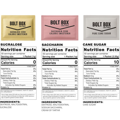 Bolt Box (400 100 Packets Pack total, each) Sugar & Sugar Substitute Assorted Variety (Cane, Pink Saccharin, Yellow