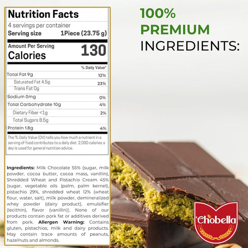 3.35oz (95g), Chobella Dubai Chocolate Bar Pistachio Premium Mini Dubai Chocolate Bar with Pistachio Cream and Kataifi
