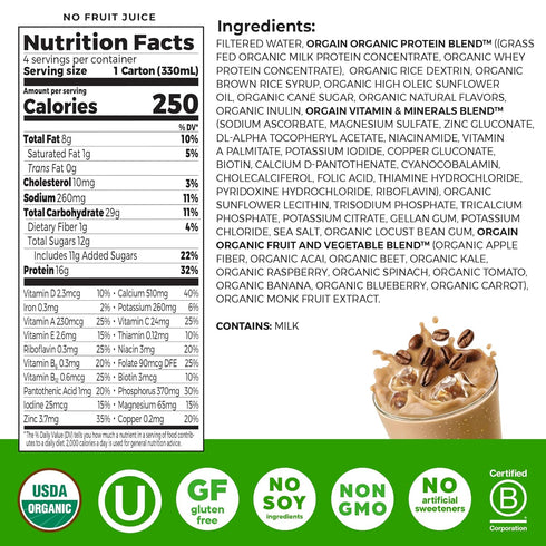 16g 20 11 Oz (12 Pack) Orgain Organic Nutritional Protein Shake, Iced Caf Mocha - Grass Fed Whey Protein, Meal