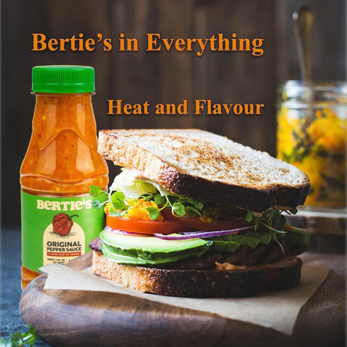 Bertie's Original Pepper Sauce (10 Oz/300ml) | Great Flavour And Heat | Made With Fresh Trinidad Moruga Red And Scotch Bonnet Yellow Peppers | Tastes Like Home Made