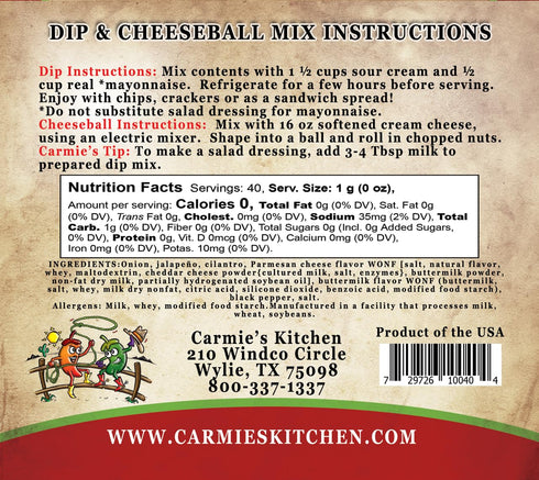Carmie's Kitchen Jalapeno Ranch Dip Mix, 1.0 Ounce