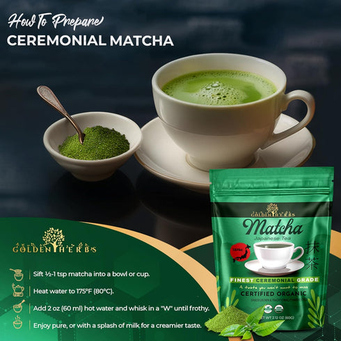 GOLDEN HERBS 100% (60 2.12 OZ) Matcha Superior Ceremonial Blend Green Tea Powder from Uji, Kyoto, USDA Organic