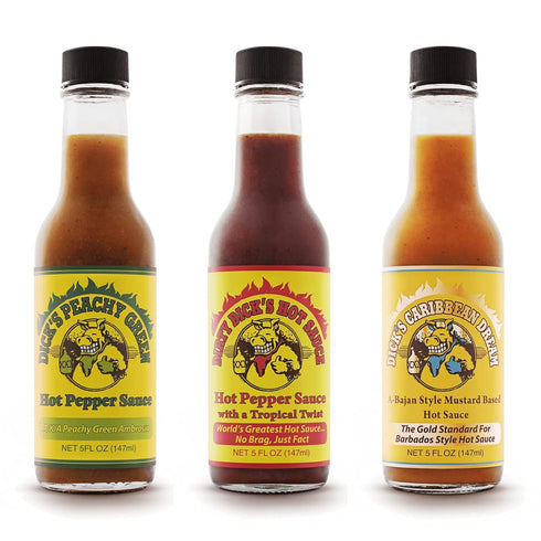 Dirty Dicks Variety Trio | Original, Caribbean, Peachy Green Hot Sauces - 5 Fl Oz, Pack of 3