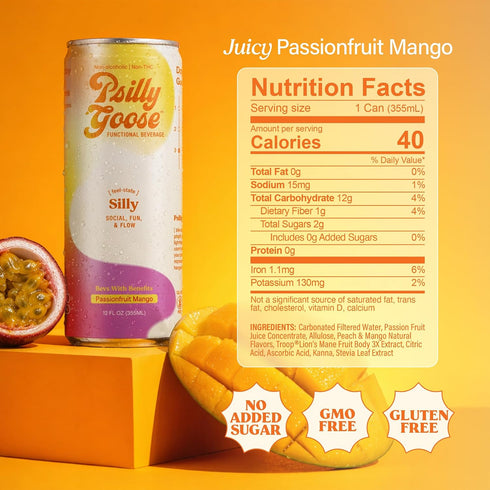 12 oz (4 Packs) Adaptogen Drink Silly Non-Alcoholic Drink & Sparkling Mocktail with Kanna & Lions Mane for Mood, Focus