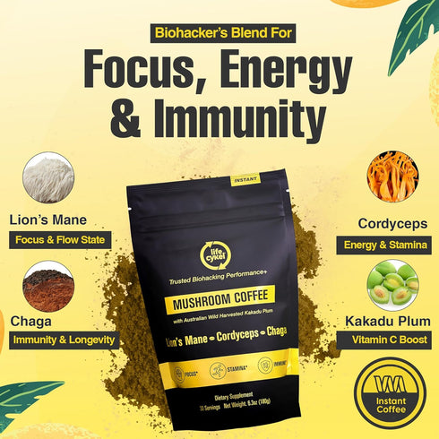 106 Lifecykel Mushroom Coffee Arabica Blend with Lions Mane, Chaga Extract, Cordyceps & Kakadu Plum | Focus |