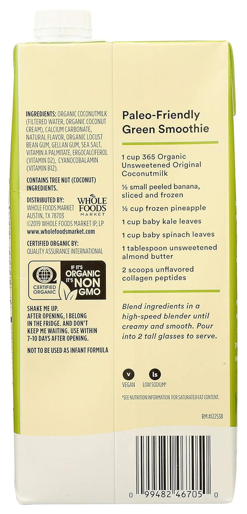 365 32 Oz by Whole Foods Market, Organic Unsweet Original Coconut Milk, Fl