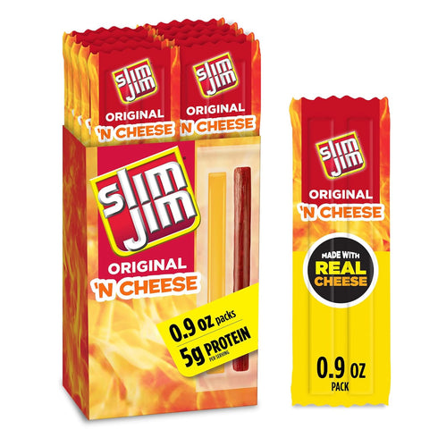 Slim Jim Beef 'N Cheese Smoked Meat Sticks, Original Flavor, 5g Protein