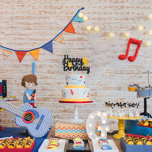 Music Cake Topper Happy Birthday Sign Musical Notes Player Cake Decorations for Musical Rock Theme Man Boy Girl