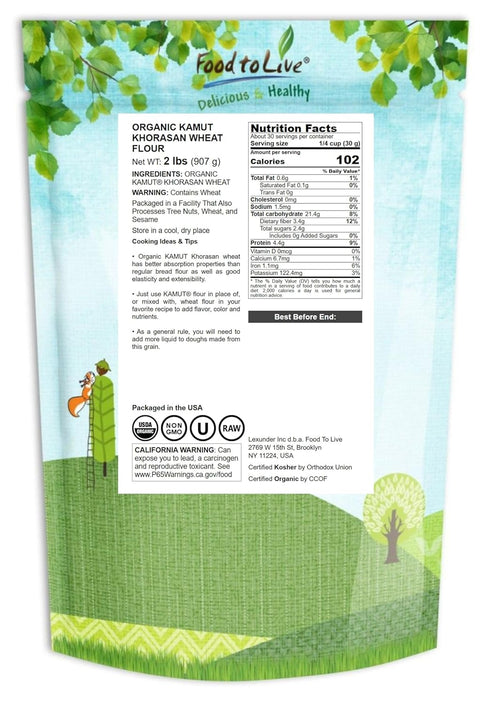 2 100% Food to Live Organic KAMUT Khorasan Wheat Flour, Pounds Stone Ground Powder, Whole Grain Meal, Non-GMO, Kosher