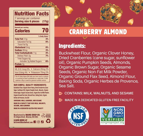 4 Pack Maine Crisp Cranberry Almond Crisps, - Snack Crackers, Grain Free, Non-Gmo - Sweet & Savory Flavor, for Cheese