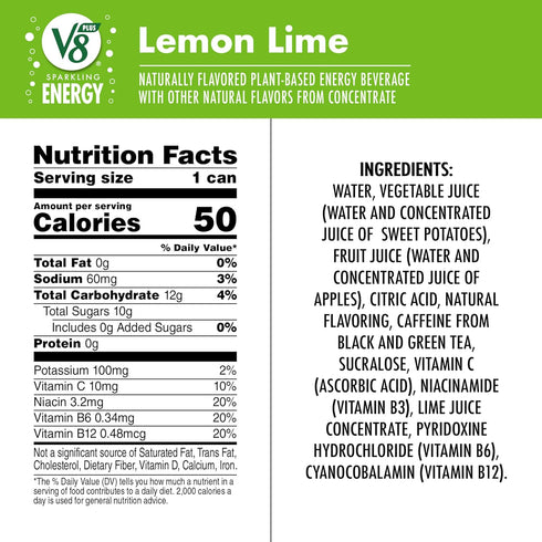 V8 +ENERGY V8 11.5 OZ (Pack 12) +SPARKLING ENERGY Lemon Lime Energy Drink, Made with Real Vegetable and Fruit Juices