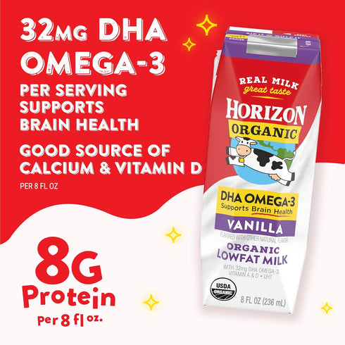 1% Omega-3, 8 oz, 12 Pack Horizon Organic Shelf-Stable Low Fat Milk Boxes with DHA Vanilla, fl