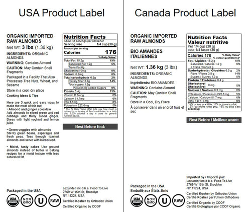 3 Food to Live Organic Imported Raw Almonds, Pounds Non-GMO, Whole, Raw, No Shell, Unpasteurized, Unsalted, Vegan