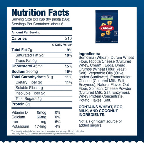 12 oz. 6 Barilla Cheese & Spinach Tortellini Pasta, Bag - Servings Per Bag - Pantry Friendly Dried Tortellini - Made