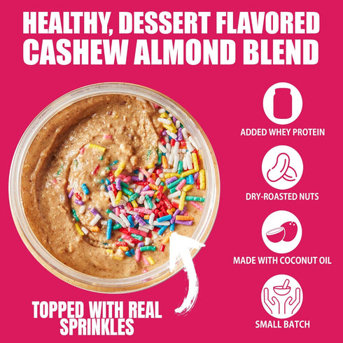 Fit Butters Birthday Cake Cashew Almond Butter Spread - Added Protein and Coconut Oil, Low Carb, Low Sugar, Gluten
