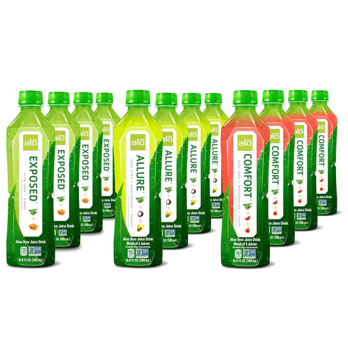 16.9 oz, Pack 12 3-Flavor Pack ALO Aloe Vera Juice | fl of | Variety | ALLURE, COMFORT, EXPOSED Plant-Based Drink