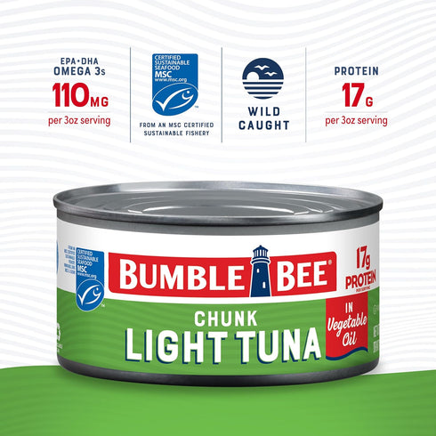 12 oz (Pack 12) 17g Bumble Bee Chunk Light Tuna In Oil, Can of - Wild Caught Skipjack Tuna - Protein Per Serving - MSC
