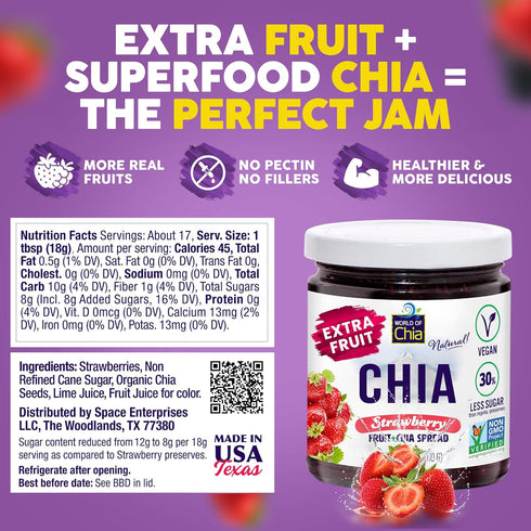 3, (10.6 Oz, 300 Pack 1 World of Chia Extra Fruit Chia Seeds Jam - Strawberry Jams and Preserves All Natural Super Food