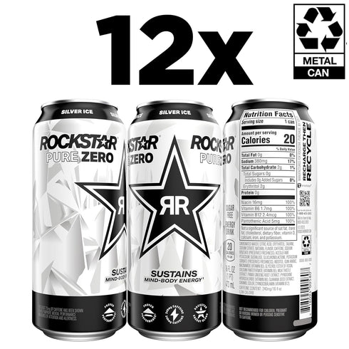 0 16oz (Pack 12) (Packaging Rockstar Pure Zero Energy Drink, Silver Ice, Sugar, with Caffeine and Taurine, Cans of May
