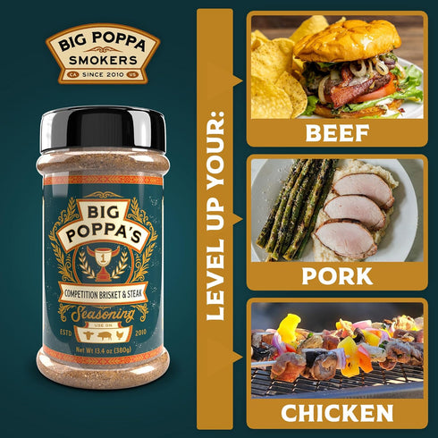 (13.4 Oz) Big Poppas Competition Brisket & Steak Rub Beef Seasoning for Brisket & Burgers Bold Savory Flavor