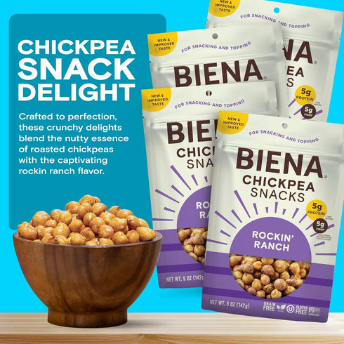 4-Pack, 5 BIENA Chickpea Snacks - Crunchy Roasted Chickpeas - High Fiber Vegan Protein Snacks for Adults and Kids