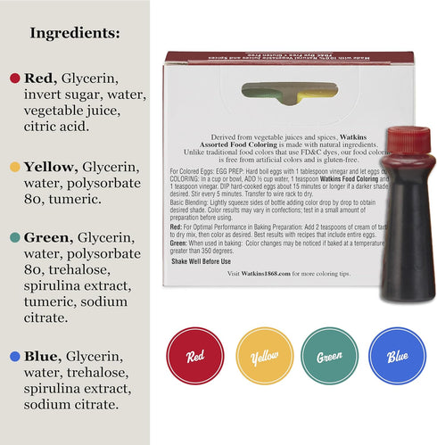 1 0.3 oz 4 Count (Pack 1) Watkins Assorted Food Coloring, Each Red, Yellow, Green, Blue, Total Four bottles