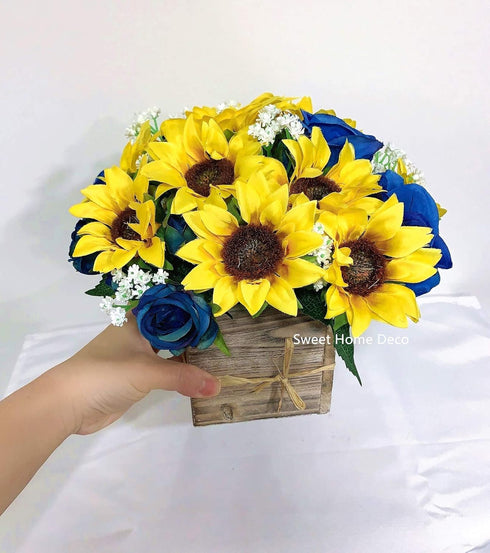 Sweet Home Deco Silk Sunflower Rose Babysbreath Wedding Bouquet in Yellow/Blue - Bridal and Bridesmaid Arrangement