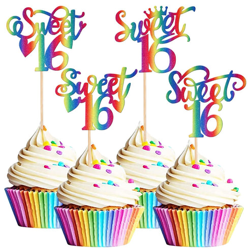 24 PCS Sweet 16 Cupcake Toppers with Heart Sixteen Happy 16th Birthday