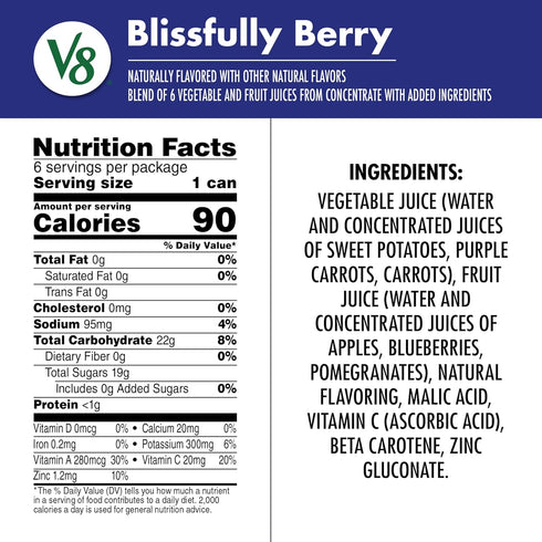 V8 100% 8 oz (6 Pack) Blissfully Berry Fruit and Vegetable Juice, fl Can