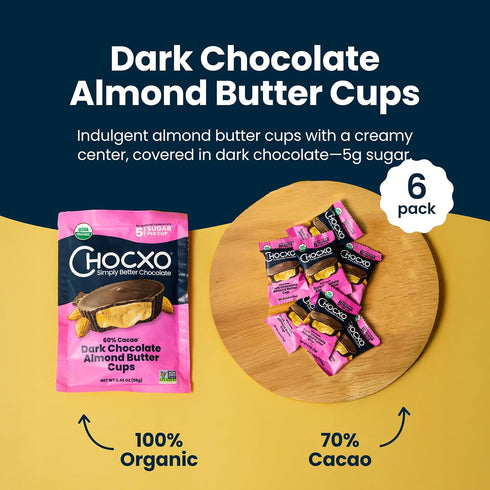 60% 3.45 oz (Pack 6) Chocxo Dark Chocolate Almond Butter Cups - Lower Sugar, Organic, NonGMO, Keto, Gluten Free