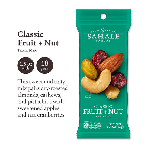 1.5 Oz (18 Packs) Sahale Snacks Classic Fruit and Nut Trail Mix, Grab & Go Bags - Dry-Roasted Deluxe Mixed Nuts