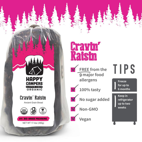 17.4 oz (Pack 2) Happy Campers Cravin Raisin Cinnamon Spice Gluten Free Bread, Organic, Non-GMO, Vegan, Loaf