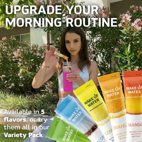 Wake Up Water - Energy + Hydration Sugar Free 15 Packet, Lemon Flavor Electrolytes Powder Drink, Gluten Free