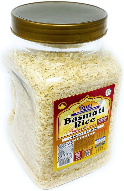 48oz (3lbs) 1.36kg Rani Platinum White Basmati Rice Extra Long Aged PET Jar ~ All Natural | Gluten Friendly | Vegan |