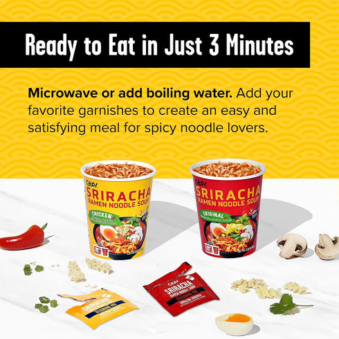 2.29 oz. (65g), 6-Pack CHOI Sriracha Ramen Noodle Soup, Original - Microwavable Cup