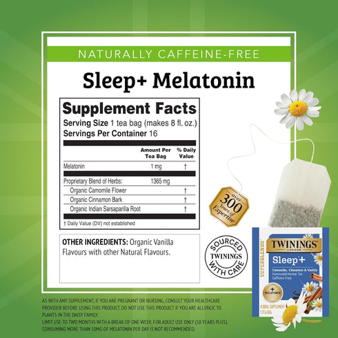 1mg 16 (Pack 6), 96 Twinings Superblends Sleep+ Herbal Tea with Melatonin, Camomile, Cinnamon & Vanilla, Naturally