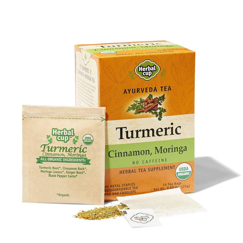 Herbal Cup Ayurveda Turmeric Tea, Organic Cinnamon Moringa, No Caffeine Herbal Supplement, 16 Count