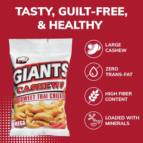 Packs, 4 oz (Pack 3) GIANTS Sweet Thai Chili Cashews - Spicy Cashews Roasted Lightly Salted, Cashews Individual Cashew