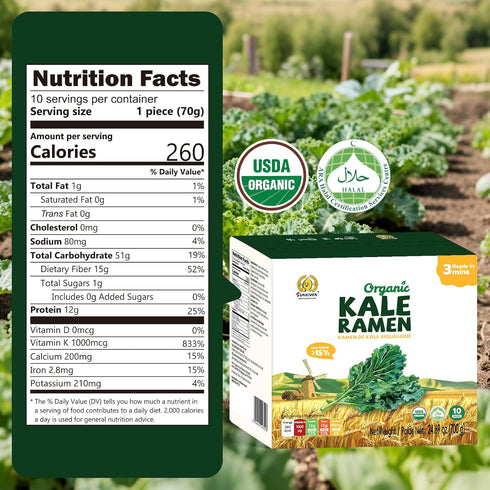 SUNGIVEN 3 2.47 OZ (Pack 10) Organic Ramen Noodles Kale Healthy Low Sodium Ready in Minutes Non-Fried Instant No