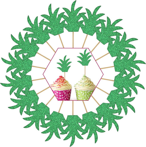 48 Pieces Green Pineapple Palm Leaf Cupcake Toppers, Glitter Tropical Food Picks for Summer Beach Party