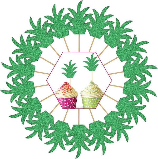 48 Pieces Green Pineapple Palm Leaf Cupcake Toppers, Glitter Tropical Food Picks for Summer Beach Party