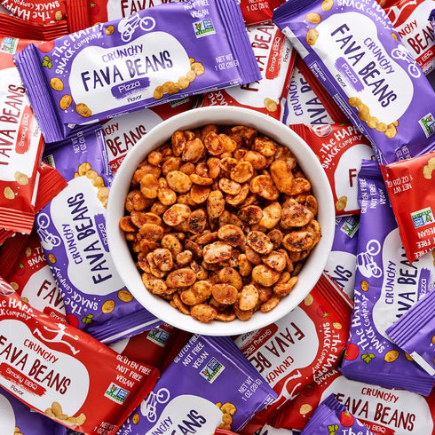 Pack 24 1 oz 130 The Happy Snack Company Fava Beans Variety x (Smoky BBQ Flavor and Pizza Flavor). High Fiber Vegan