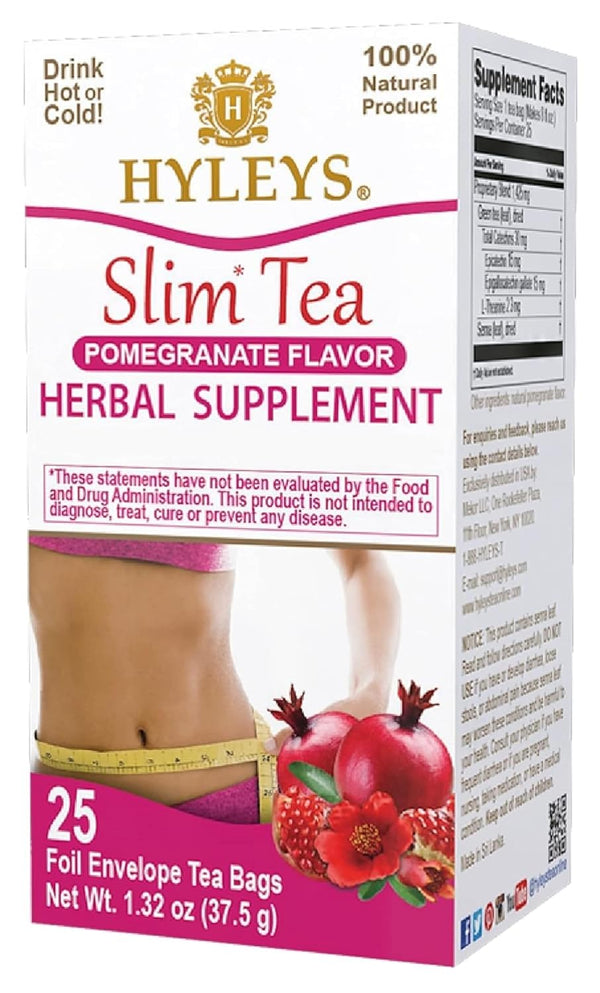 Hyleys Slim Tea Pomegranate Flavor - Herbal Supplement for Weight Loss, Cleanse & Detox - 25 Tea Bags