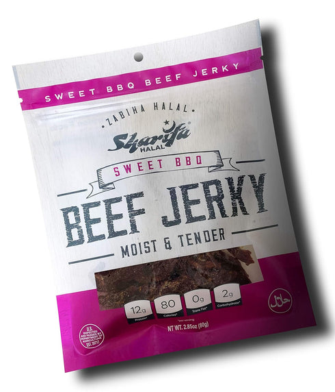 SHARIFA HALAL (1) 2.85 oz. 100 12g 80 0g 2g Beef Jerky, Sweet BBQ, Bag Great Everyday Halal Jerky Beef Meat Snack, %