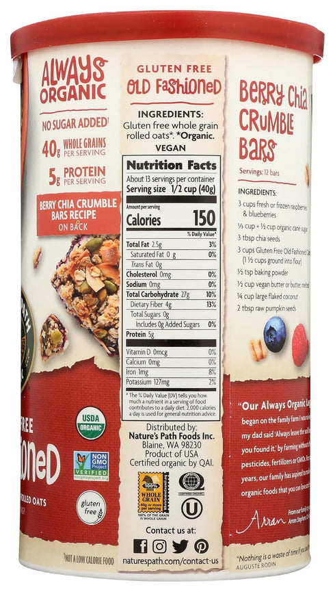 18 Nature's Path,Gluten Free Old Fashioned Oatmeal, Ounce