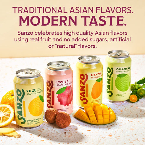 Pack 12-Pack 12 Oz Sanzo Flavored Sparkling Water Variety - - Calamansi (Lime), Lychee (Berry) and Mango (Alphonso)